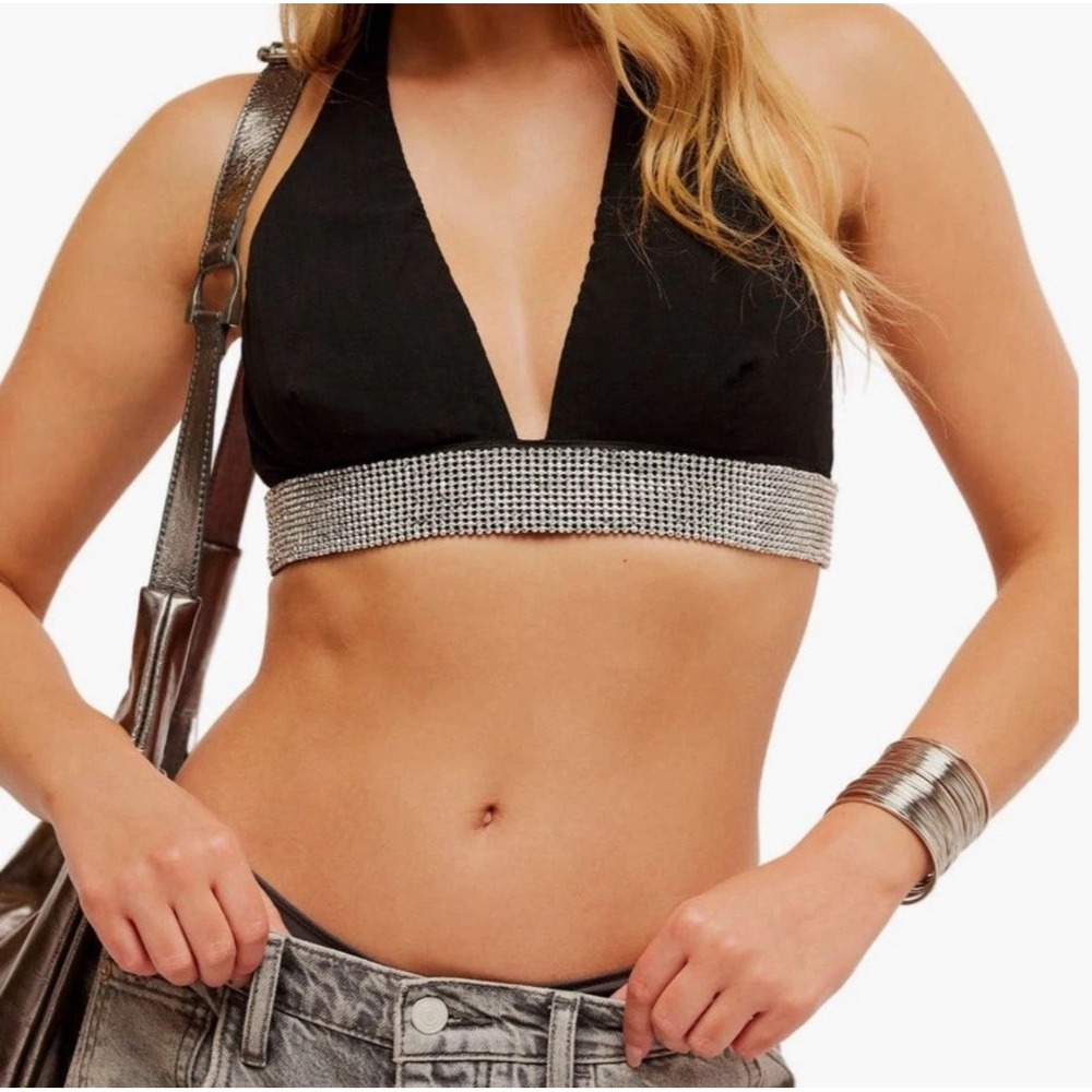 Free People Of the Moment Rhinestone Embellished Halter Bra Top Size XS Black